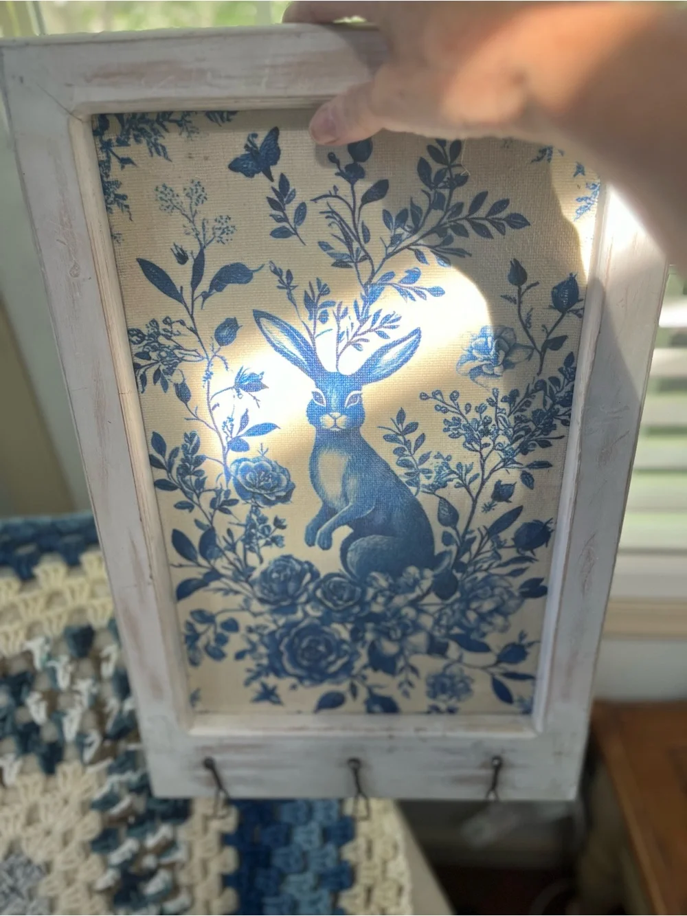 Blue Floral Rabbit Wall 3 Hook Decor